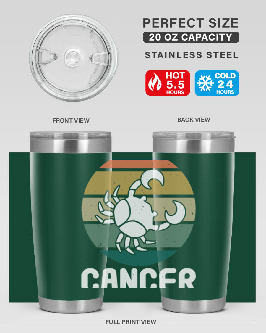 Cancer 165# Zodiac Tumbler in stainless steel with a zodiac design, featuring a drink-thru lid and double wall vacuum insulation.