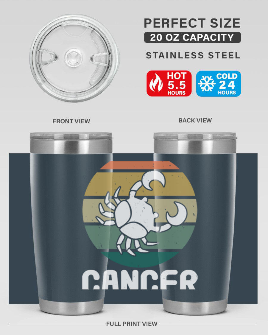 Cancer 165# Zodiac Tumbler in stainless steel with a zodiac design, featuring a drink-thru lid and double wall vacuum insulation.