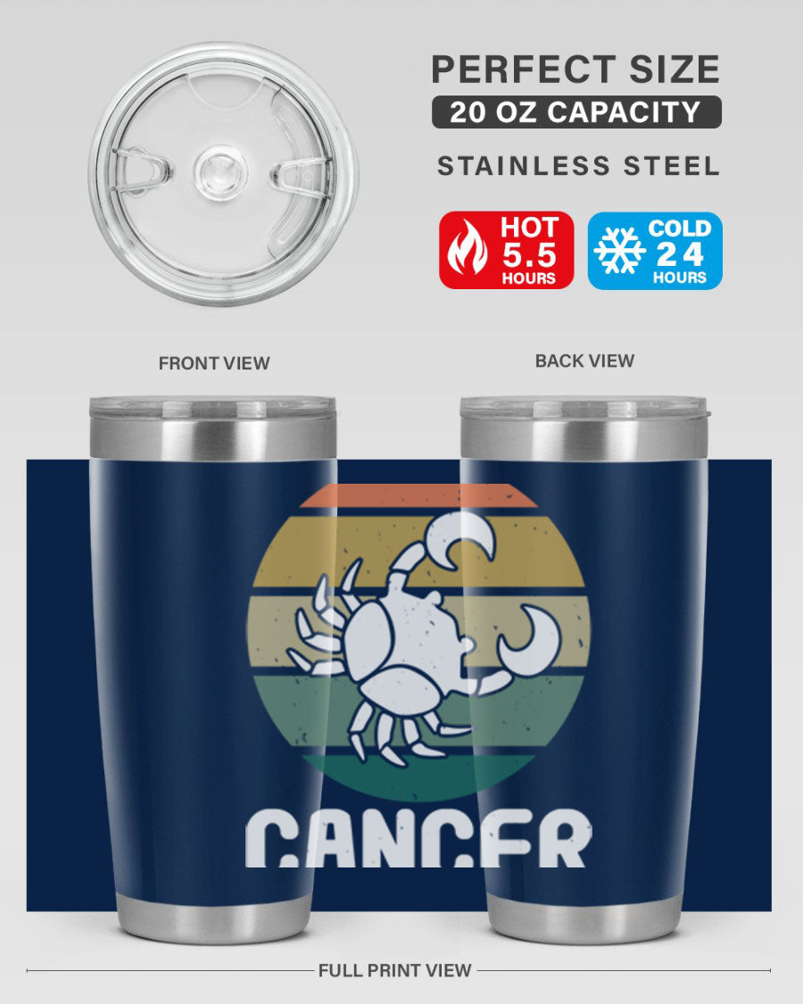 Cancer 165# Zodiac Tumbler in stainless steel with a zodiac design, featuring a drink-thru lid and double wall vacuum insulation.