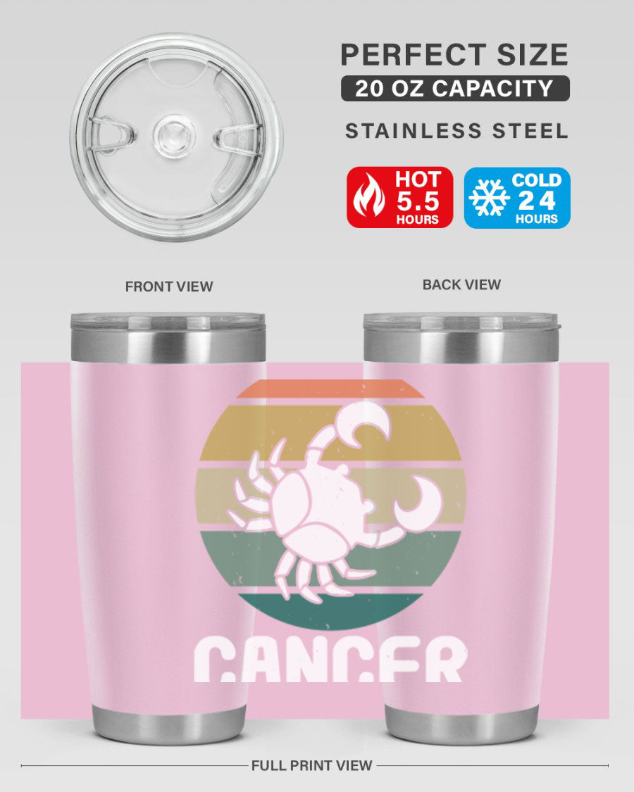 Cancer 165# Zodiac Tumbler in stainless steel with a zodiac design, featuring a drink-thru lid and double wall vacuum insulation.