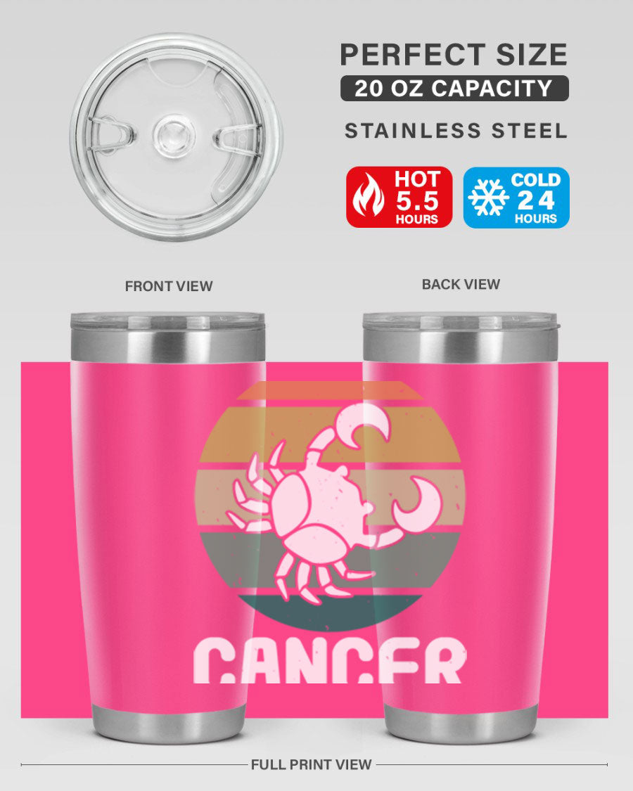 Cancer 165# Zodiac Tumbler in stainless steel with a zodiac design, featuring a drink-thru lid and double wall vacuum insulation.