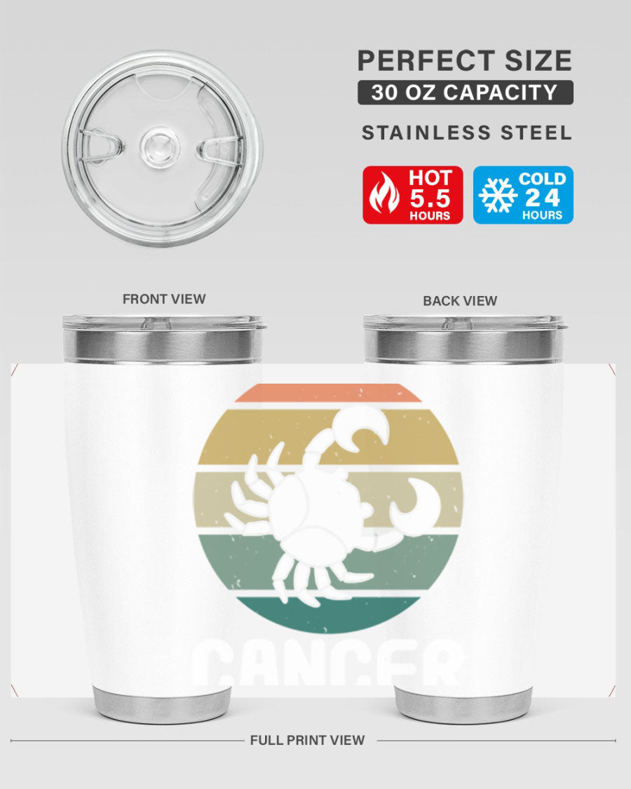 Cancer 165# Zodiac Tumbler in stainless steel with a zodiac design, featuring a drink-thru lid and double wall vacuum insulation.