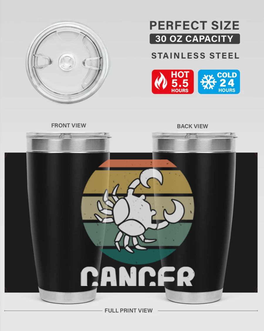 Cancer 165# Zodiac Tumbler in stainless steel with a zodiac design, featuring a drink-thru lid and double wall vacuum insulation.