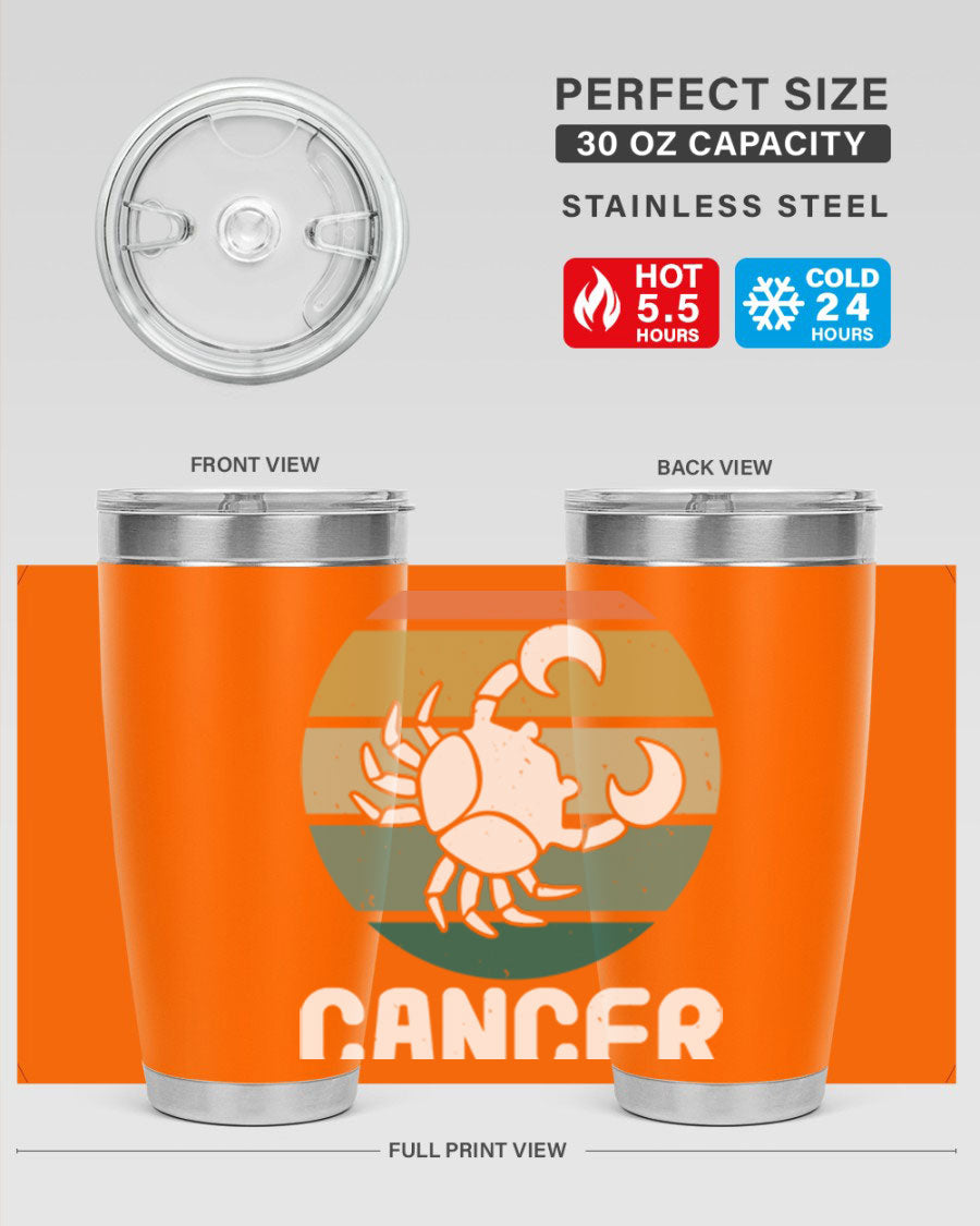 Cancer 165# Zodiac Tumbler in stainless steel with a zodiac design, featuring a drink-thru lid and double wall vacuum insulation.