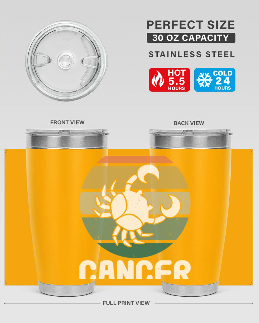 Cancer 165# Zodiac Tumbler in stainless steel with a zodiac design, featuring a drink-thru lid and double wall vacuum insulation.