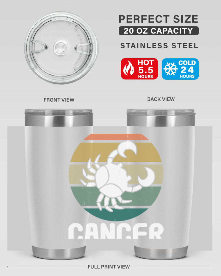 Cancer 165# Zodiac Tumbler in stainless steel with a zodiac design, featuring a drink-thru lid and double wall vacuum insulation.