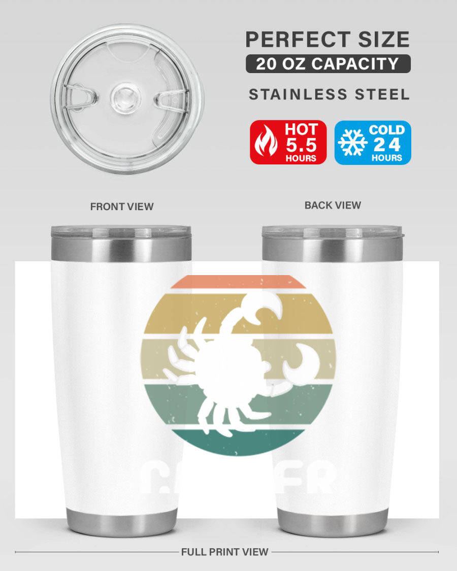 Cancer 165# Zodiac Tumbler in stainless steel with a zodiac design, featuring a drink-thru lid and double wall vacuum insulation.