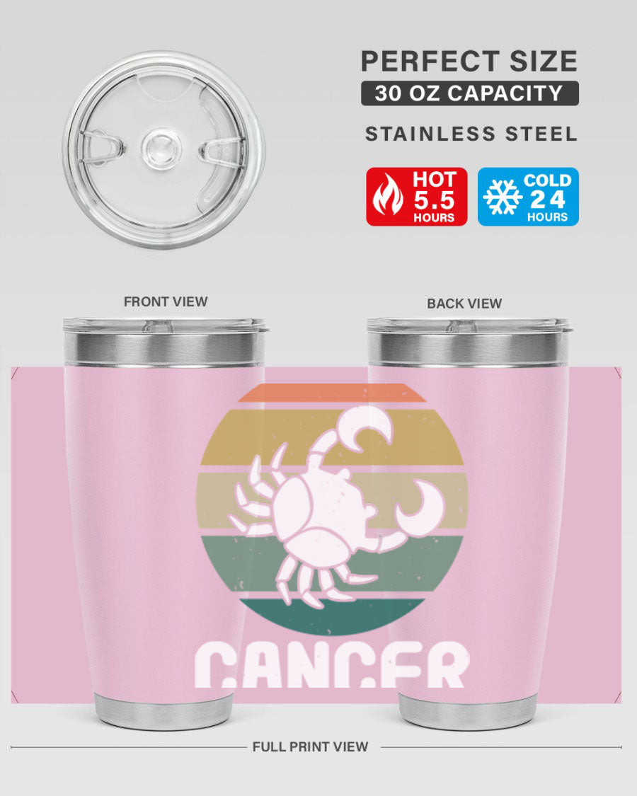 Cancer 165# Zodiac Tumbler in stainless steel with a zodiac design, featuring a drink-thru lid and double wall vacuum insulation.