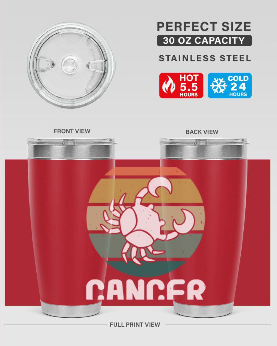 Cancer 165# Zodiac Tumbler in stainless steel with a zodiac design, featuring a drink-thru lid and double wall vacuum insulation.