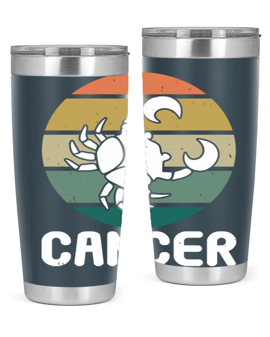 Cancer 165# Zodiac Tumbler in stainless steel with a zodiac design, featuring a drink-thru lid and double wall vacuum insulation.