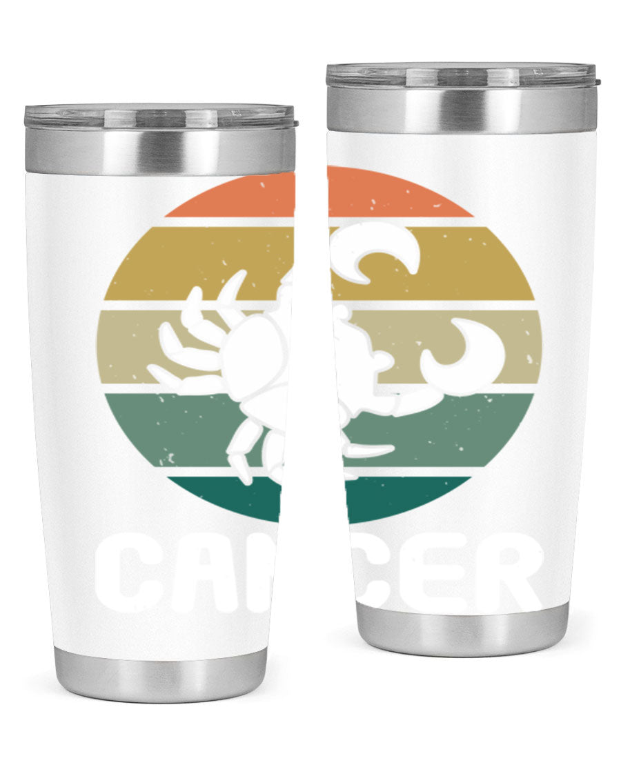 Cancer 165# Zodiac Tumbler in stainless steel with a zodiac design, featuring a drink-thru lid and double wall vacuum insulation.