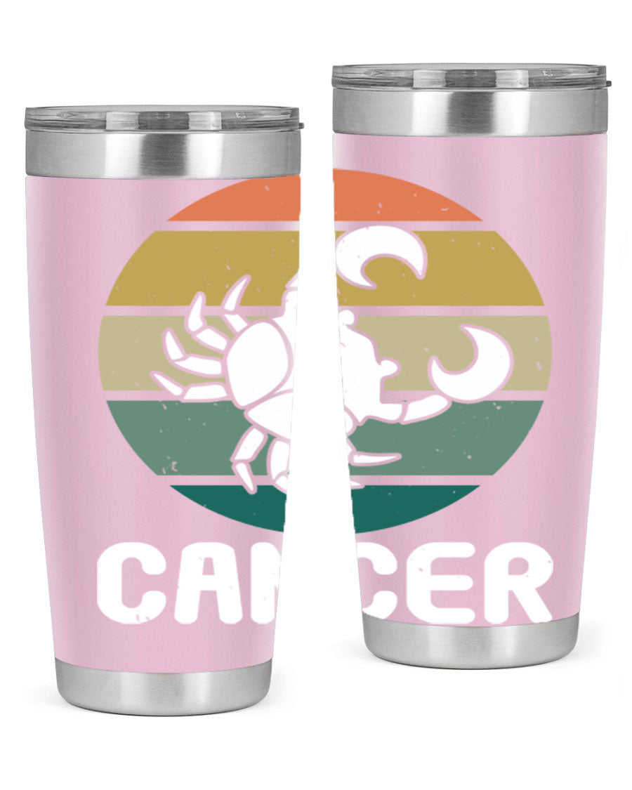 Cancer 165# Zodiac Tumbler in stainless steel with a zodiac design, featuring a drink-thru lid and double wall vacuum insulation.