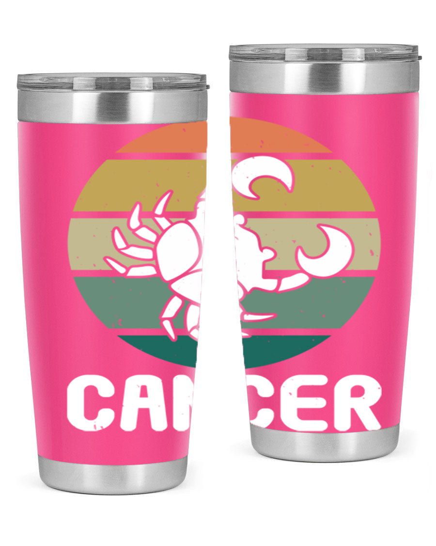 Cancer 165# Zodiac Tumbler in stainless steel with a zodiac design, featuring a drink-thru lid and double wall vacuum insulation.