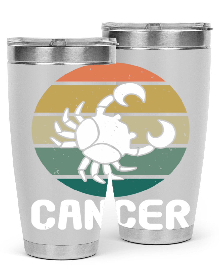 Cancer 165# Zodiac Tumbler in stainless steel with a zodiac design, featuring a drink-thru lid and double wall vacuum insulation.