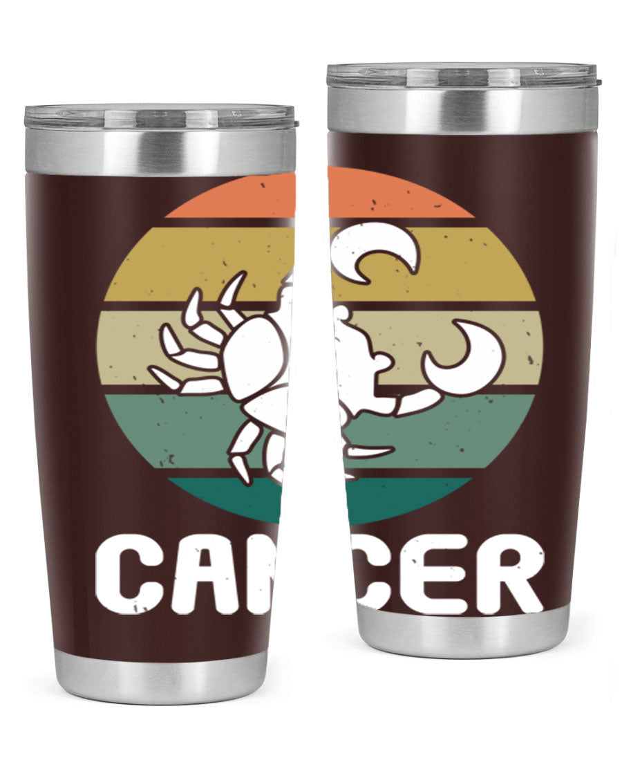 Cancer 165# Zodiac Tumbler in stainless steel with a zodiac design, featuring a drink-thru lid and double wall vacuum insulation.