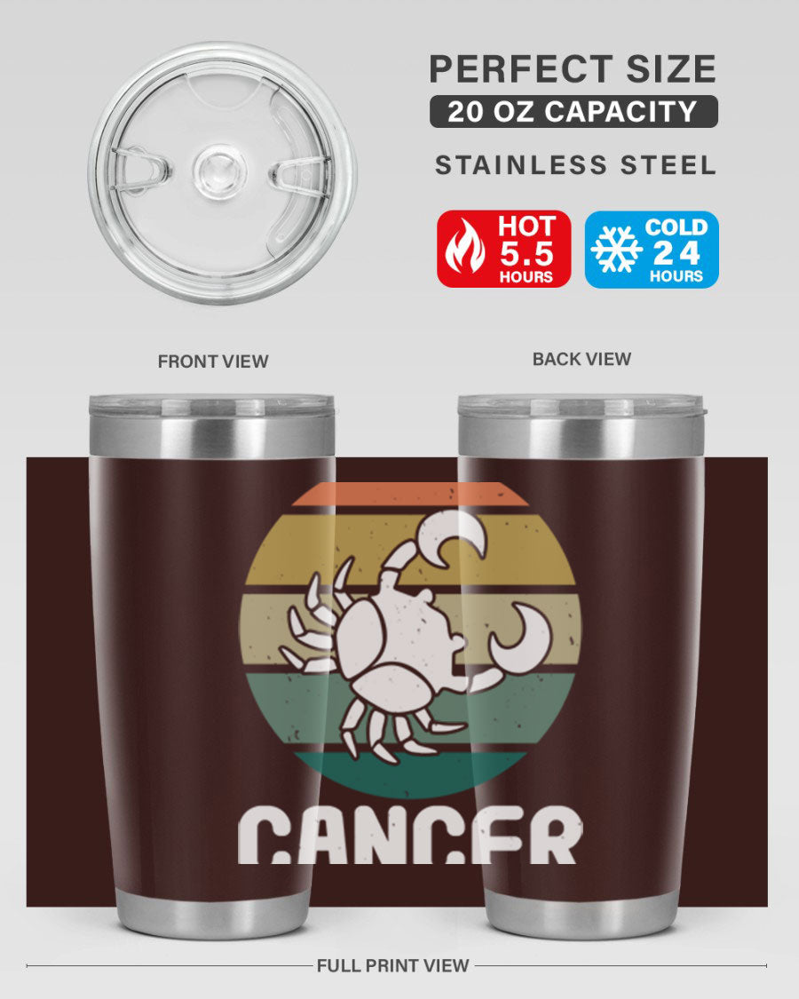 Cancer 165# Zodiac Tumbler in stainless steel with a zodiac design, featuring a drink-thru lid and double wall vacuum insulation.