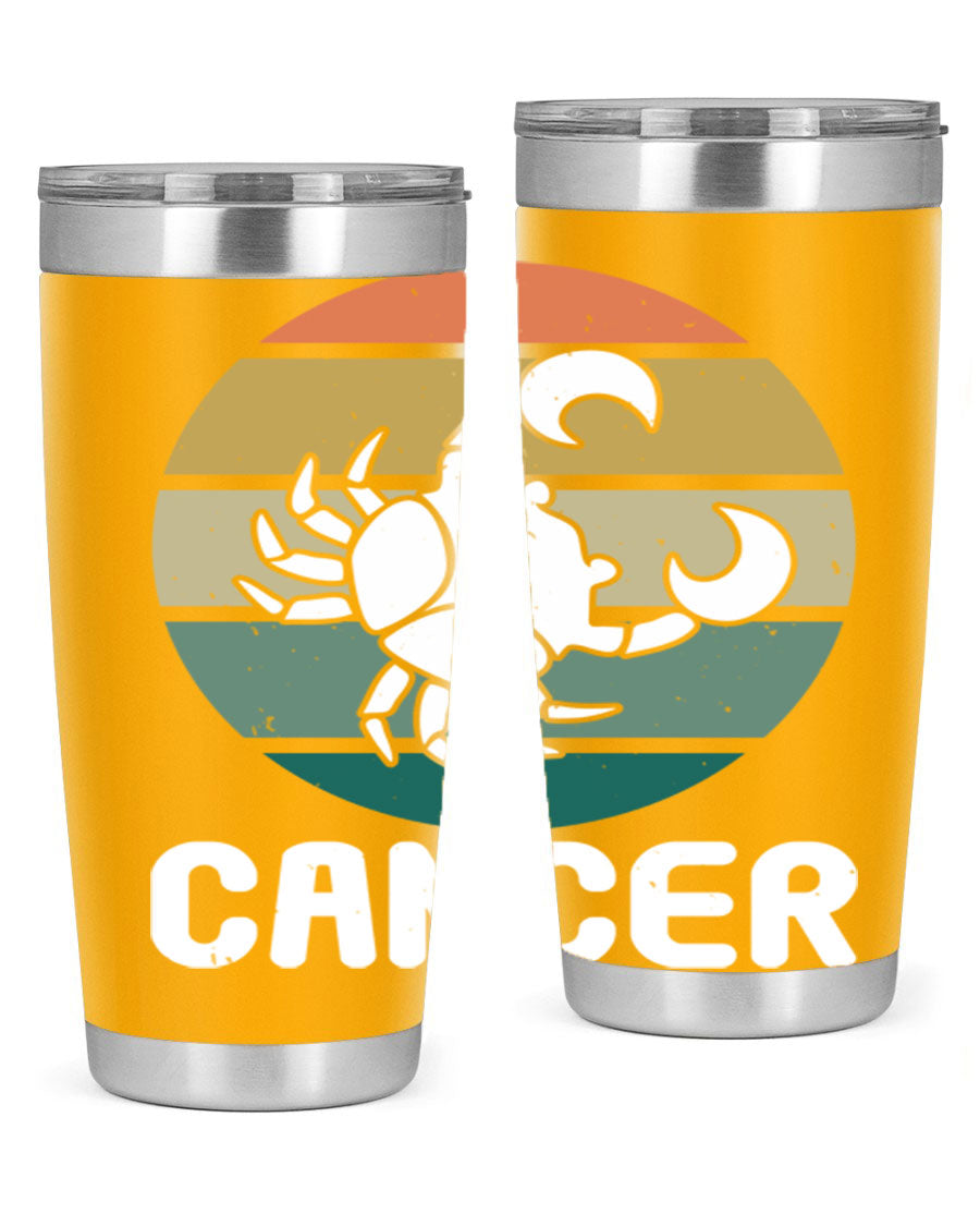 Cancer 165# Zodiac Tumbler in stainless steel with a zodiac design, featuring a drink-thru lid and double wall vacuum insulation.