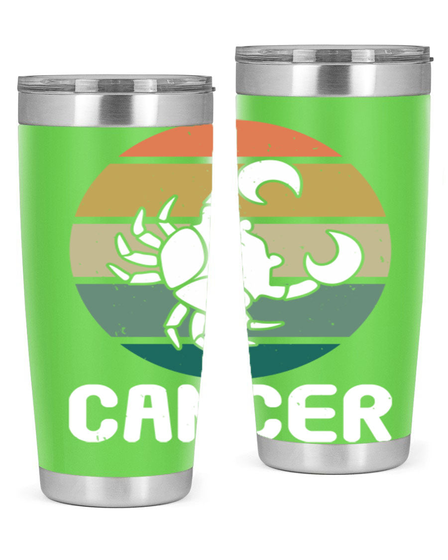 Cancer 165# Zodiac Tumbler in stainless steel with a zodiac design, featuring a drink-thru lid and double wall vacuum insulation.