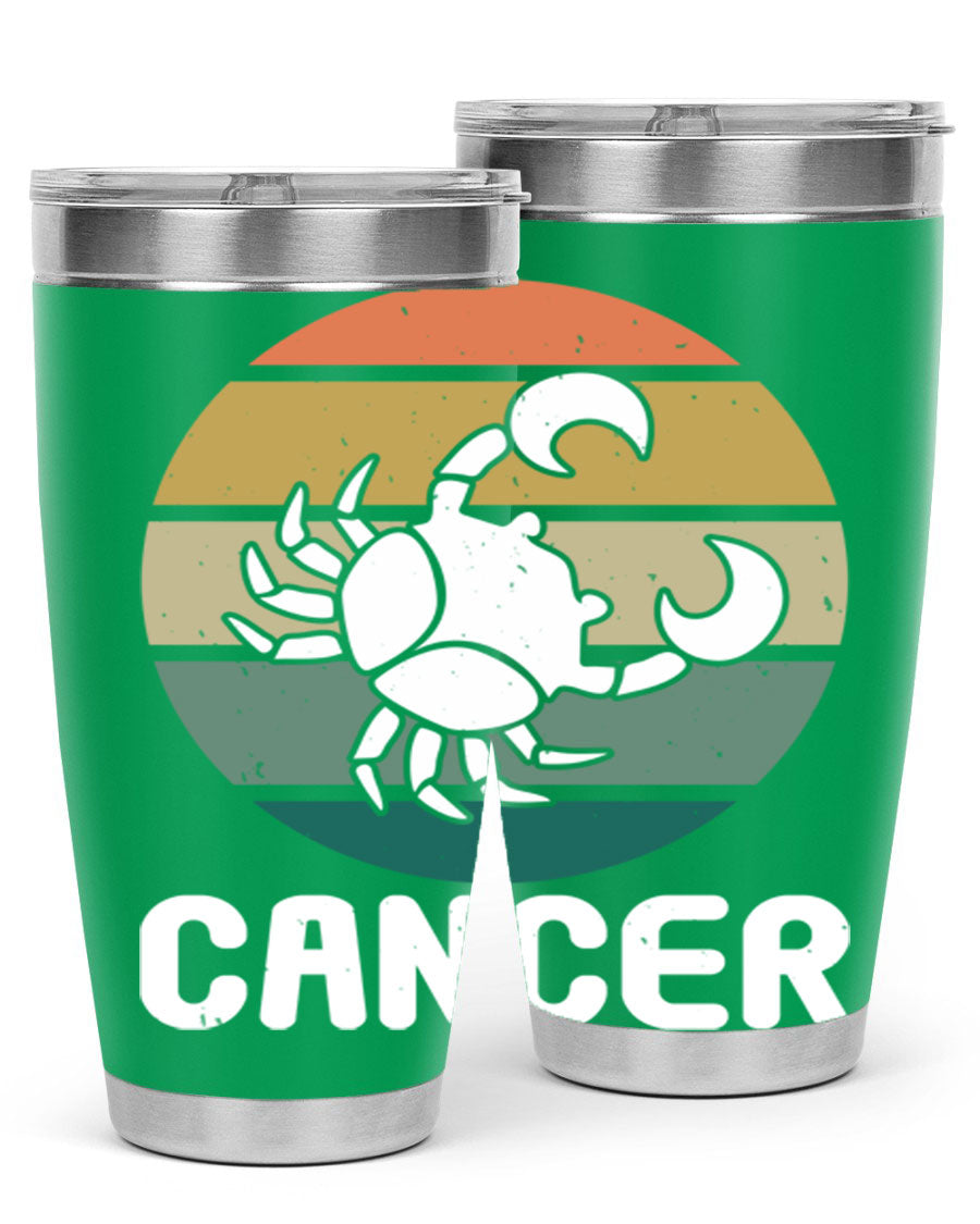 Cancer 165# Zodiac Tumbler in stainless steel with a zodiac design, featuring a drink-thru lid and double wall vacuum insulation.