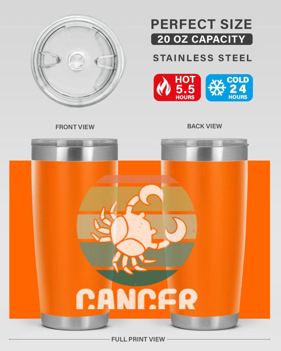 Cancer 165# Zodiac Tumbler in stainless steel with a zodiac design, featuring a drink-thru lid and double wall vacuum insulation.