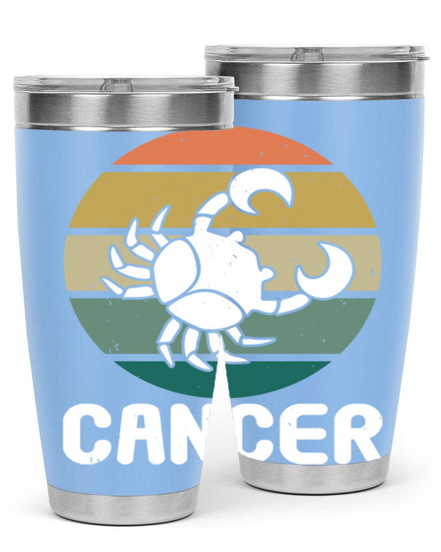 Cancer 165# Zodiac Tumbler in stainless steel with a zodiac design, featuring a drink-thru lid and double wall vacuum insulation.