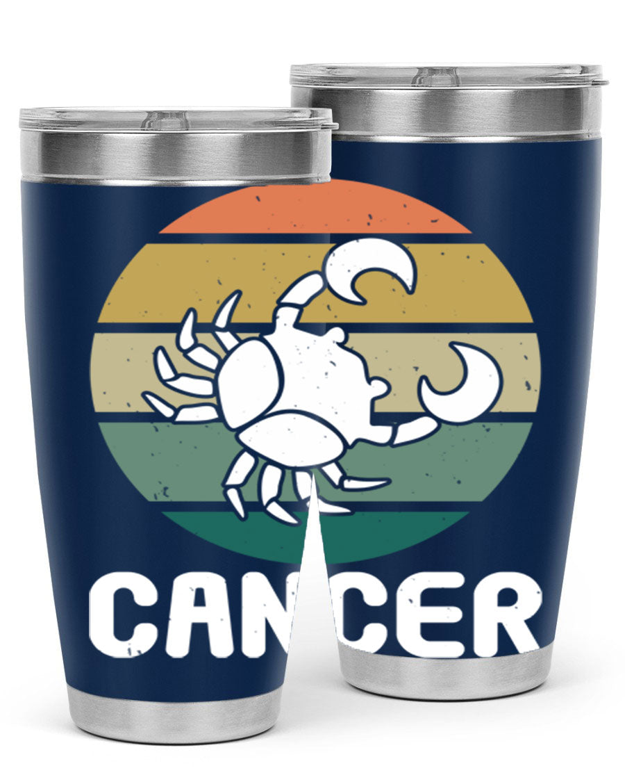 Cancer 165# Zodiac Tumbler in stainless steel with a zodiac design, featuring a drink-thru lid and double wall vacuum insulation.