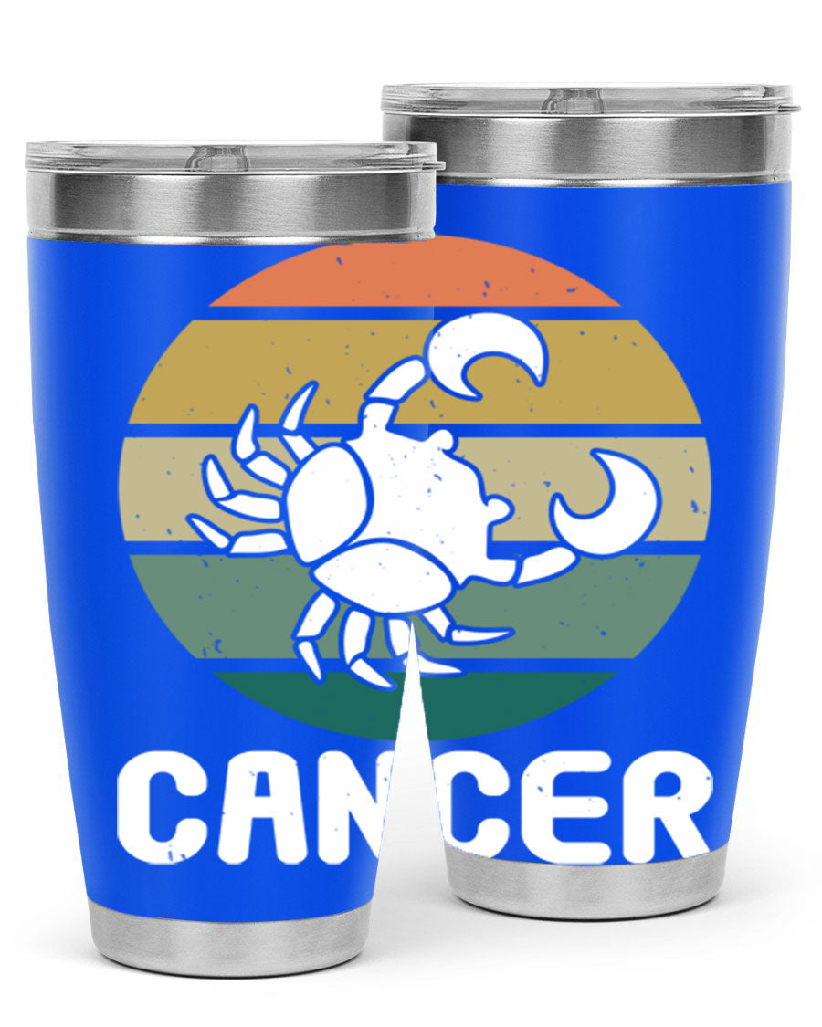 Cancer 165# Zodiac Tumbler in stainless steel with a zodiac design, featuring a drink-thru lid and double wall vacuum insulation.