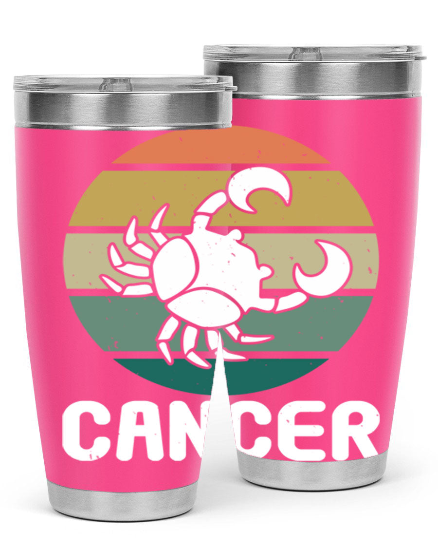 Cancer 165# Zodiac Tumbler in stainless steel with a zodiac design, featuring a drink-thru lid and double wall vacuum insulation.