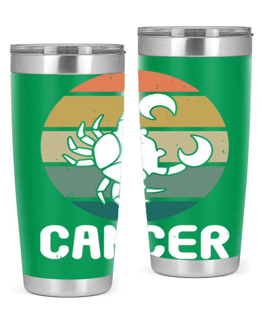 Cancer 165# Zodiac Tumbler in stainless steel with a zodiac design, featuring a drink-thru lid and double wall vacuum insulation.