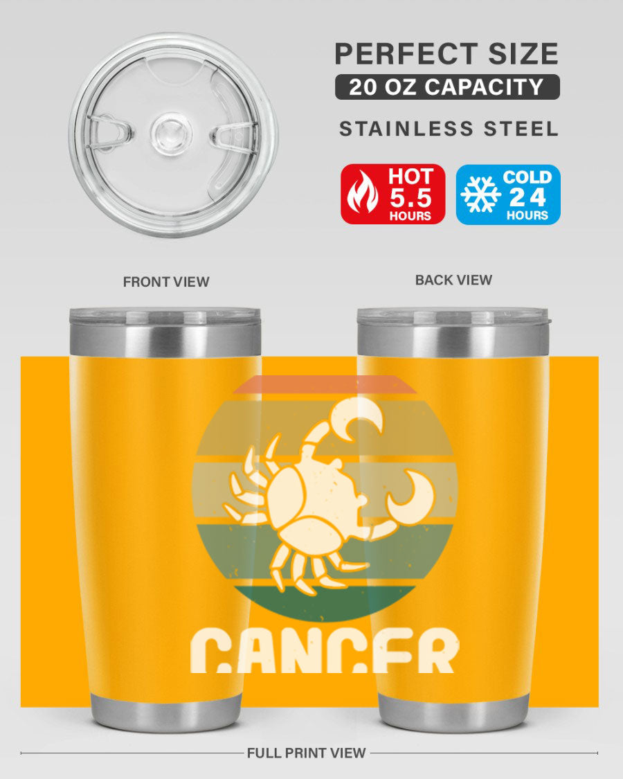 Cancer 165# Zodiac Tumbler in stainless steel with a zodiac design, featuring a drink-thru lid and double wall vacuum insulation.