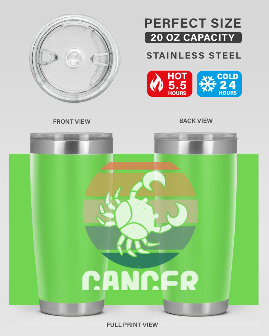 Cancer 165# Zodiac Tumbler in stainless steel with a zodiac design, featuring a drink-thru lid and double wall vacuum insulation.