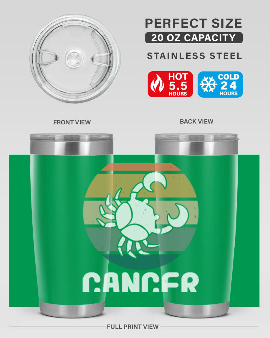 Cancer 165# Zodiac Tumbler in stainless steel with a zodiac design, featuring a drink-thru lid and double wall vacuum insulation.