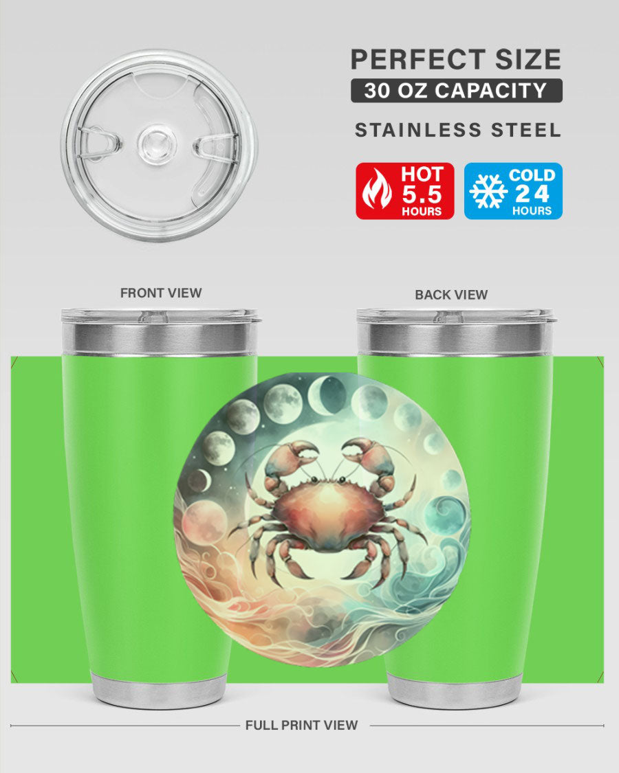 Cancer 167# Zodiac Tumbler in stainless steel with a vibrant zodiac design, available in 20oz and 30oz sizes.