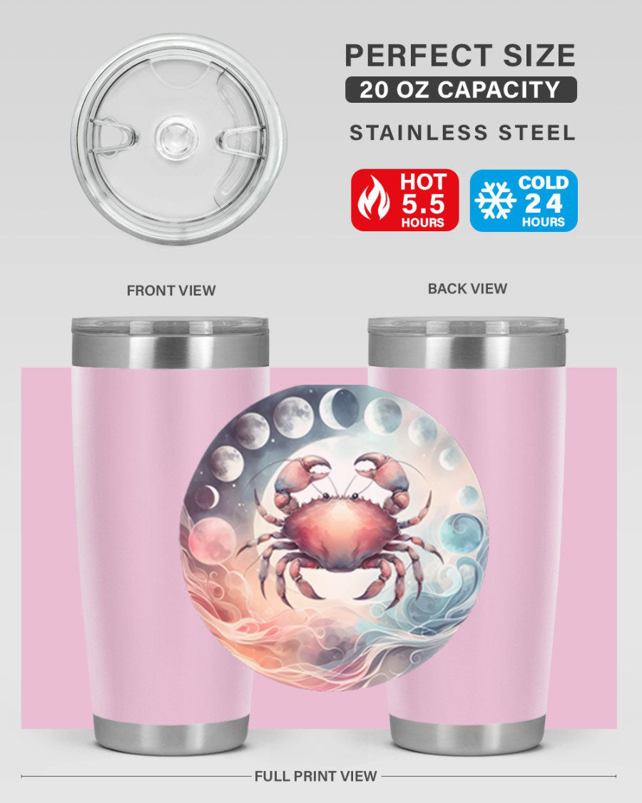 Cancer 167# Zodiac Tumbler in stainless steel with a vibrant zodiac design, available in 20oz and 30oz sizes.