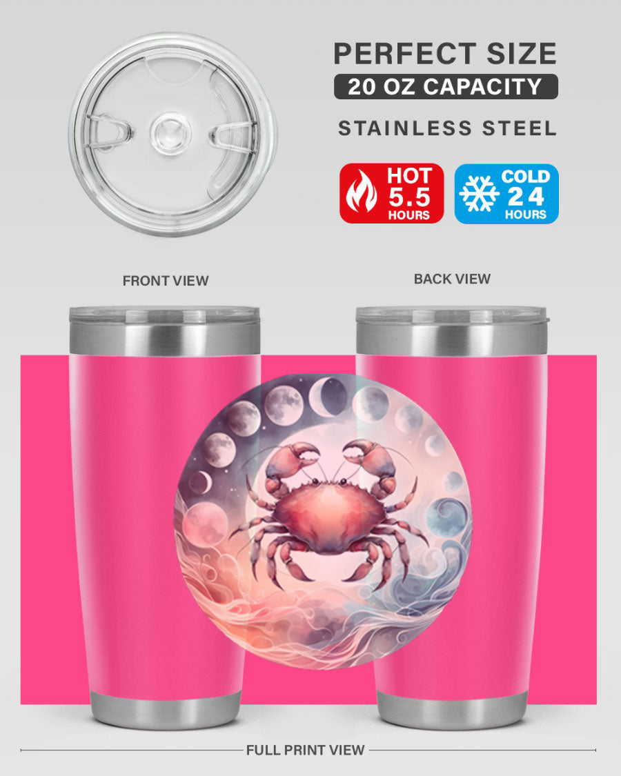 Cancer 167# Zodiac Tumbler in stainless steel with a vibrant zodiac design, available in 20oz and 30oz sizes.