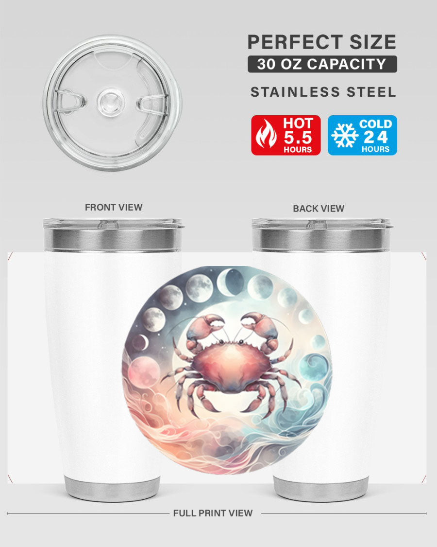 Cancer 167# Zodiac Tumbler in stainless steel with a vibrant zodiac design, available in 20oz and 30oz sizes.