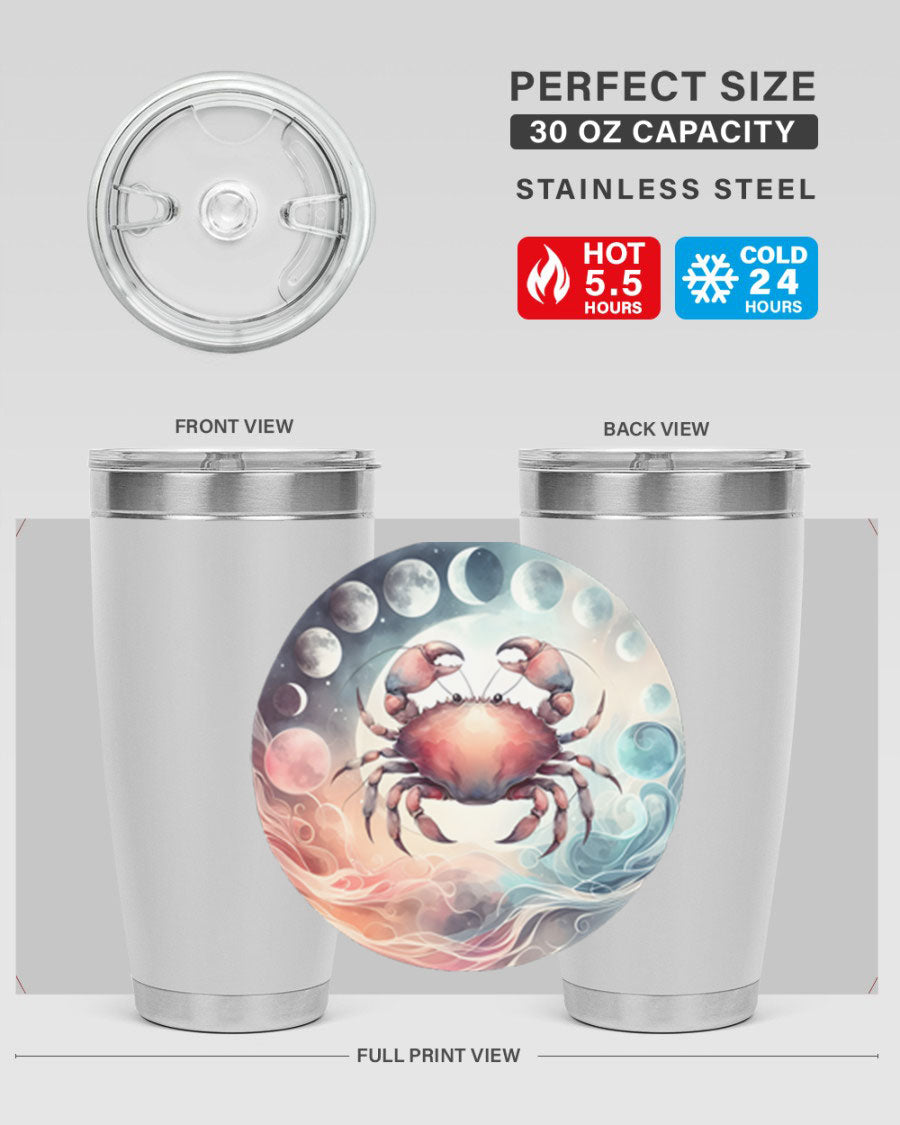 Cancer 167# Zodiac Tumbler in stainless steel with a vibrant zodiac design, available in 20oz and 30oz sizes.