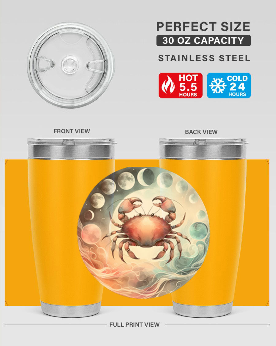 Cancer 167# Zodiac Tumbler in stainless steel with a vibrant zodiac design, available in 20oz and 30oz sizes.