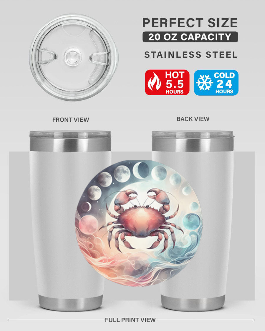 Cancer 167# Zodiac Tumbler in stainless steel with a vibrant zodiac design, available in 20oz and 30oz sizes.