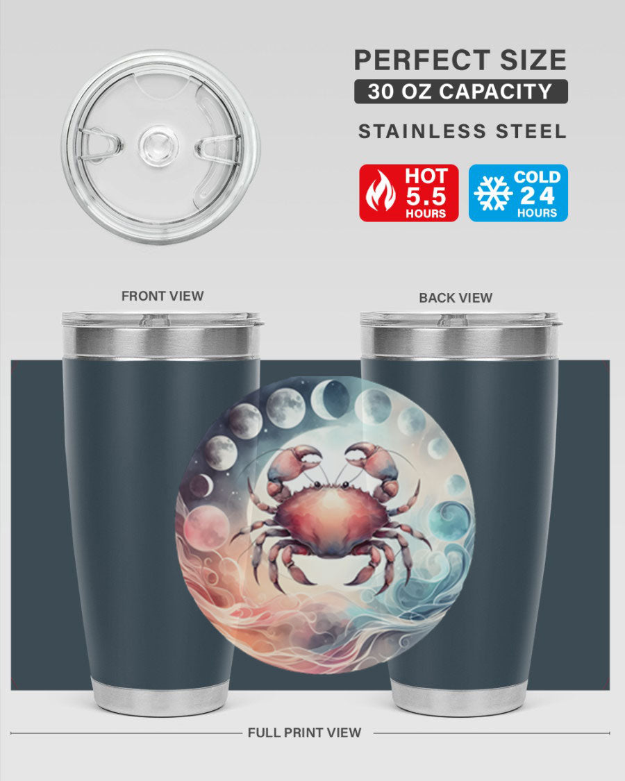 Cancer 167# Zodiac Tumbler in stainless steel with a vibrant zodiac design, available in 20oz and 30oz sizes.