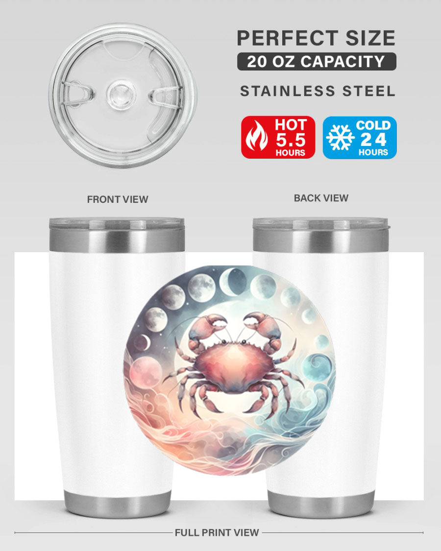 Cancer 167# Zodiac Tumbler in stainless steel with a vibrant zodiac design, available in 20oz and 30oz sizes.