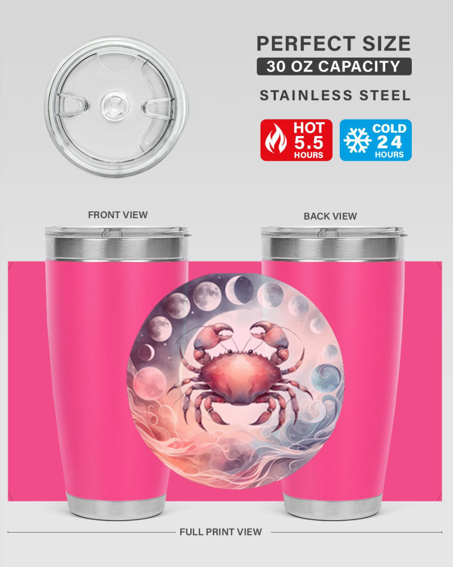 Cancer 167# Zodiac Tumbler in stainless steel with a vibrant zodiac design, available in 20oz and 30oz sizes.