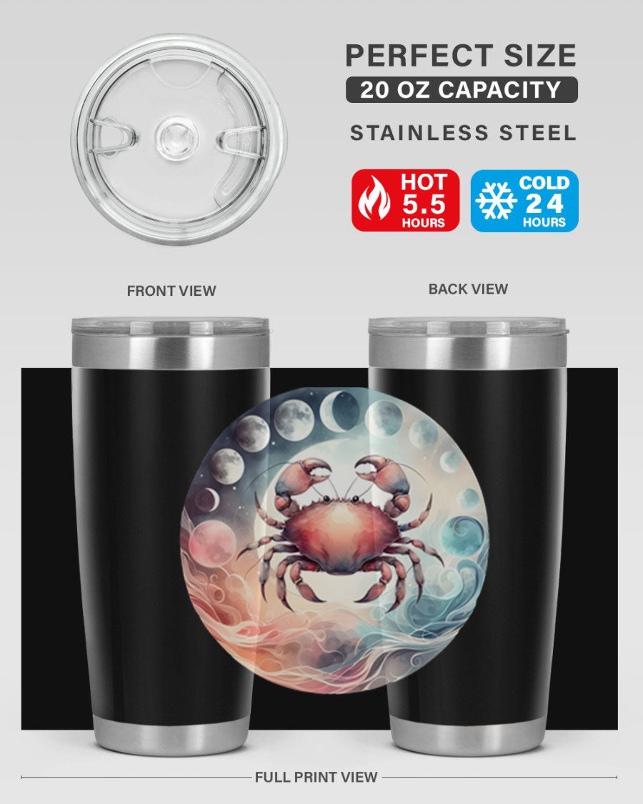 Cancer 167# Zodiac Tumbler in stainless steel with a vibrant zodiac design, available in 20oz and 30oz sizes.