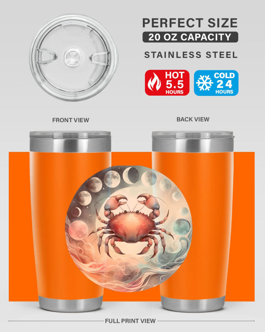 Cancer 167# Zodiac Tumbler in stainless steel with a vibrant zodiac design, available in 20oz and 30oz sizes.