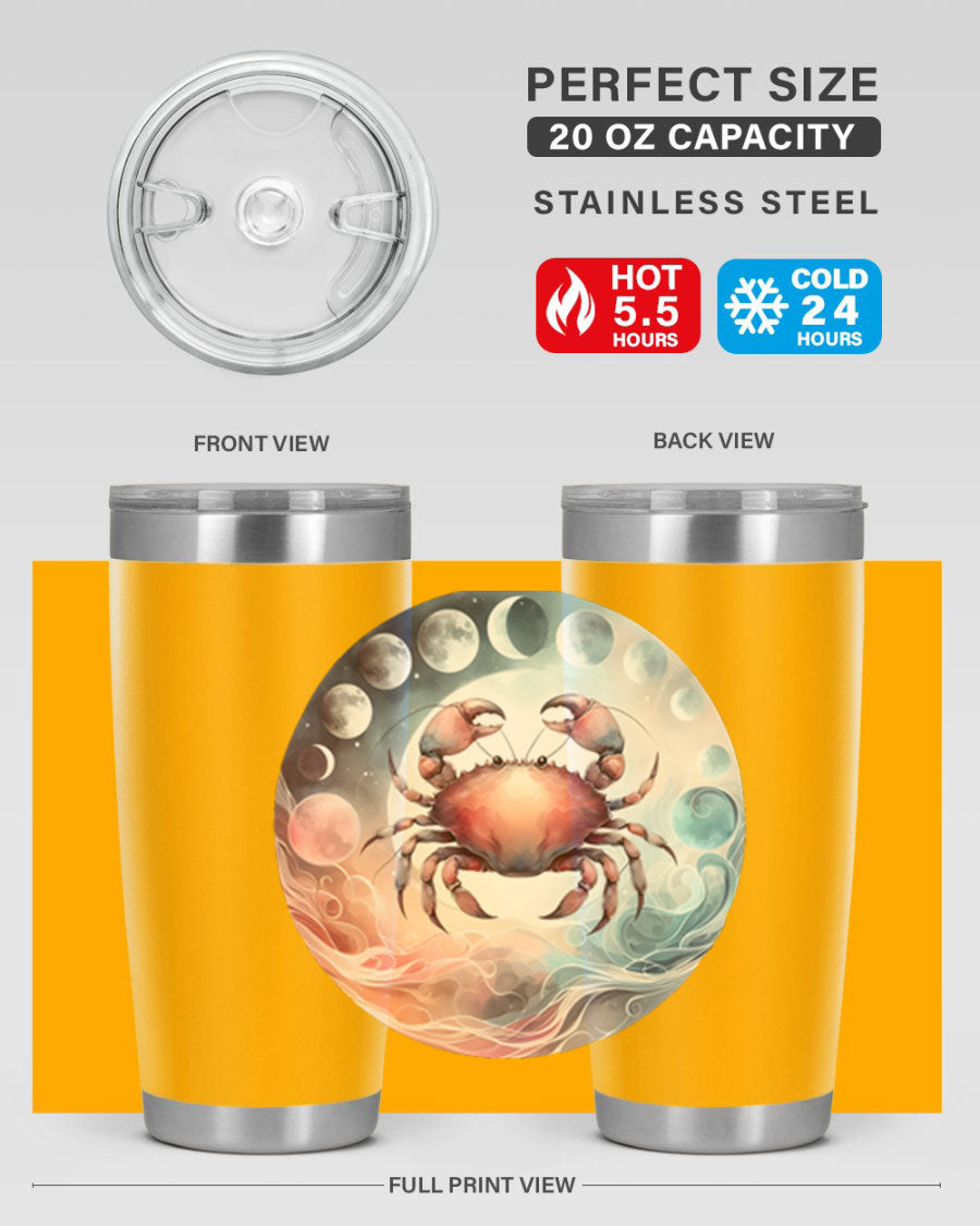 Cancer 167# Zodiac Tumbler in stainless steel with a vibrant zodiac design, available in 20oz and 30oz sizes.