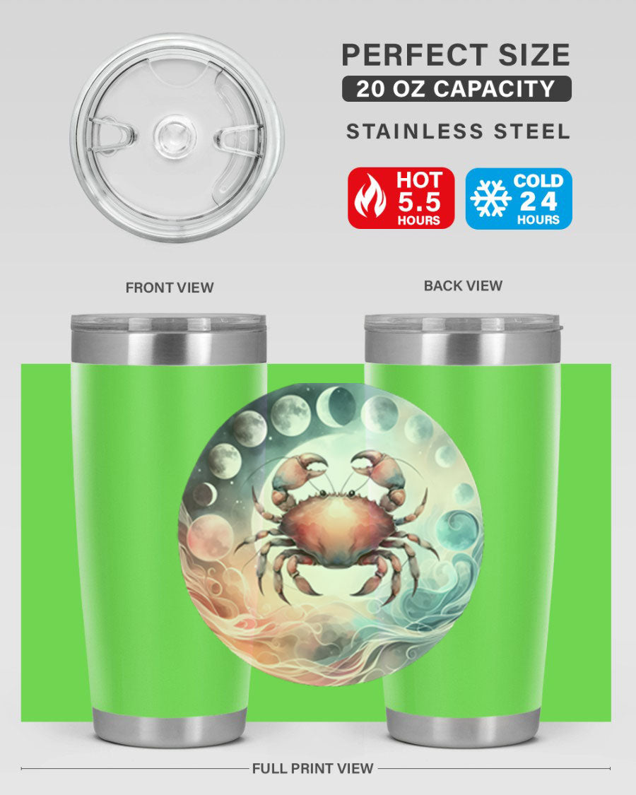 Cancer 167# Zodiac Tumbler in stainless steel with a vibrant zodiac design, available in 20oz and 30oz sizes.