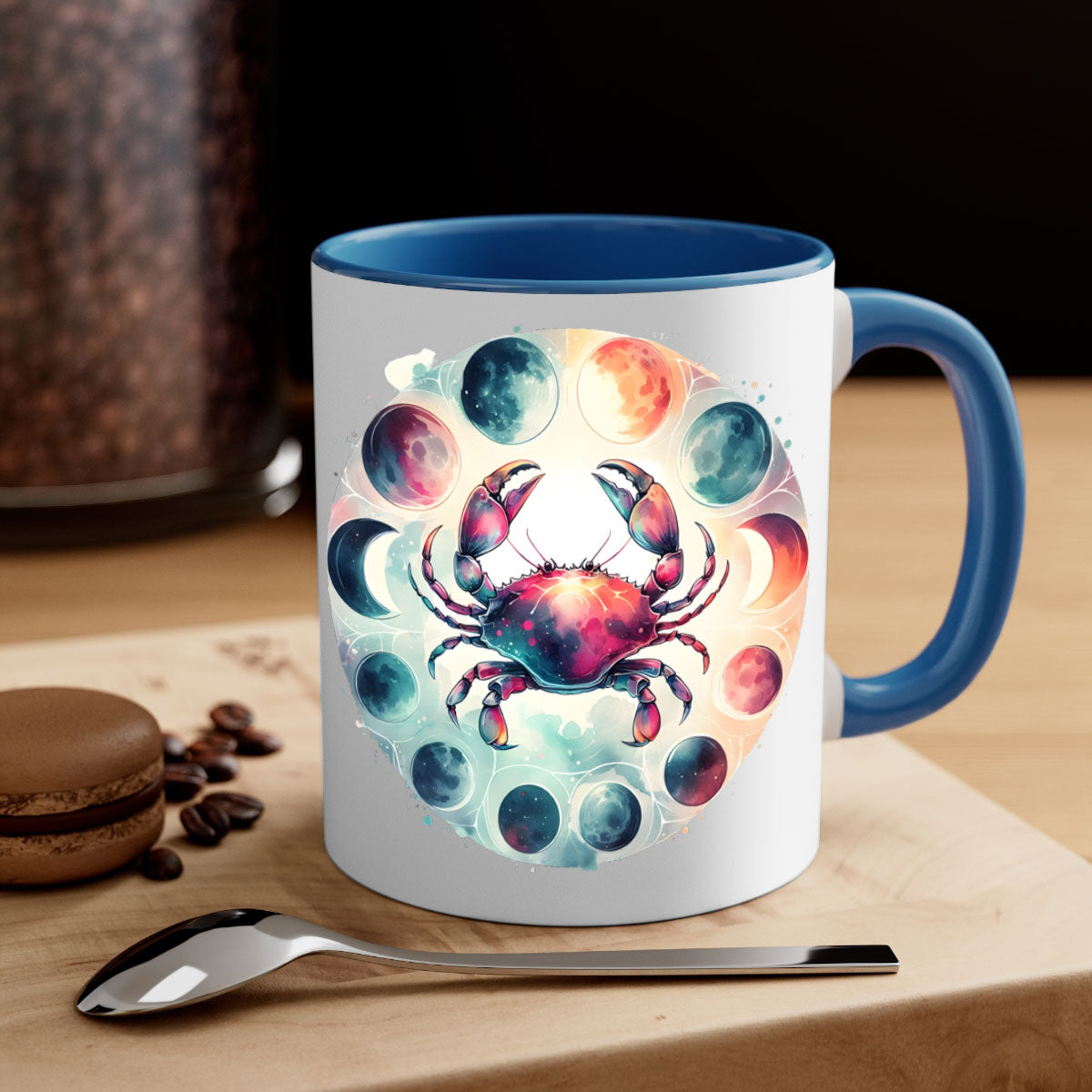 Cancer 180# Mug featuring a glossy finish, colored handle, and interior, available in multiple colors and sizes.