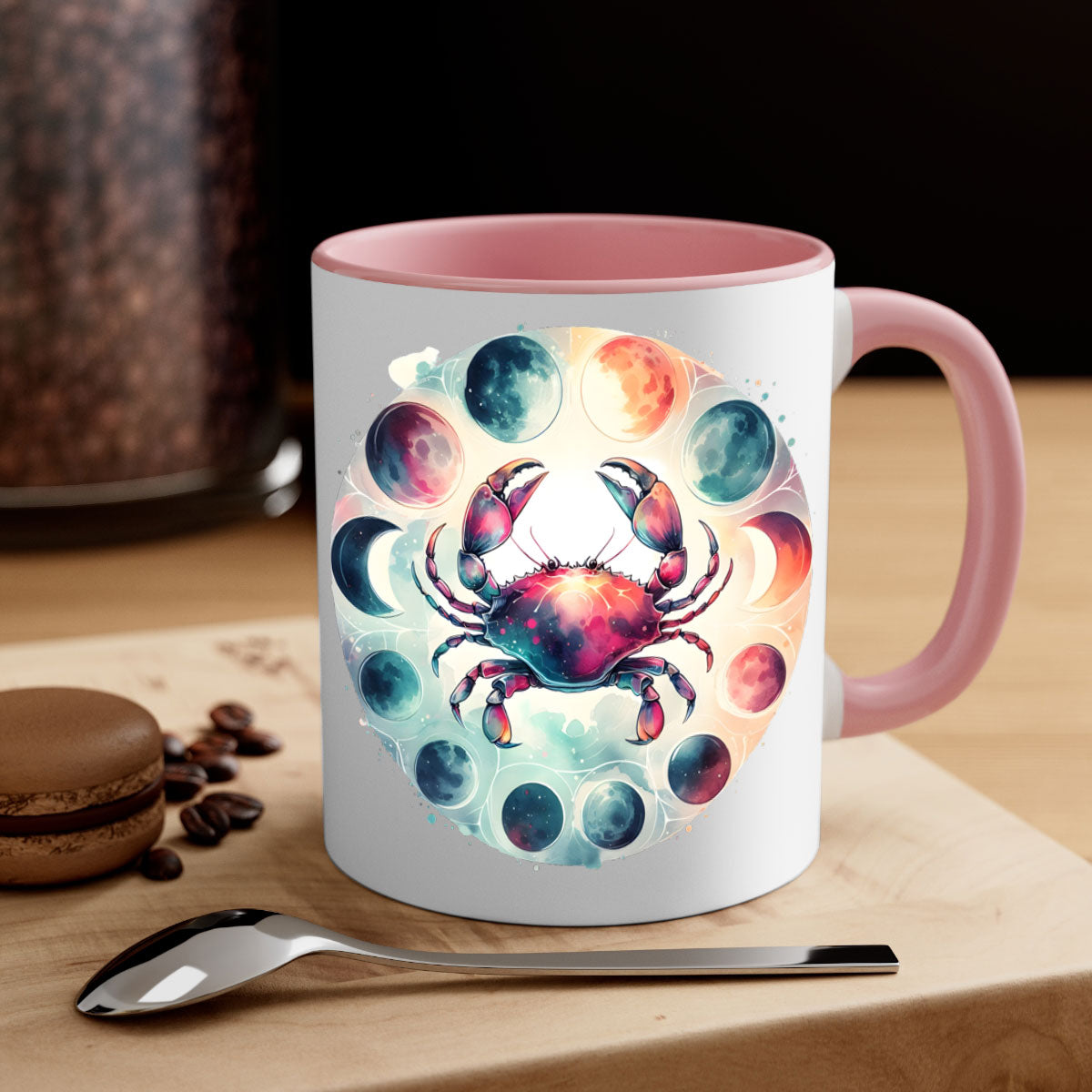 Cancer 180# Mug featuring a glossy finish, colored handle, and interior, available in multiple colors and sizes.