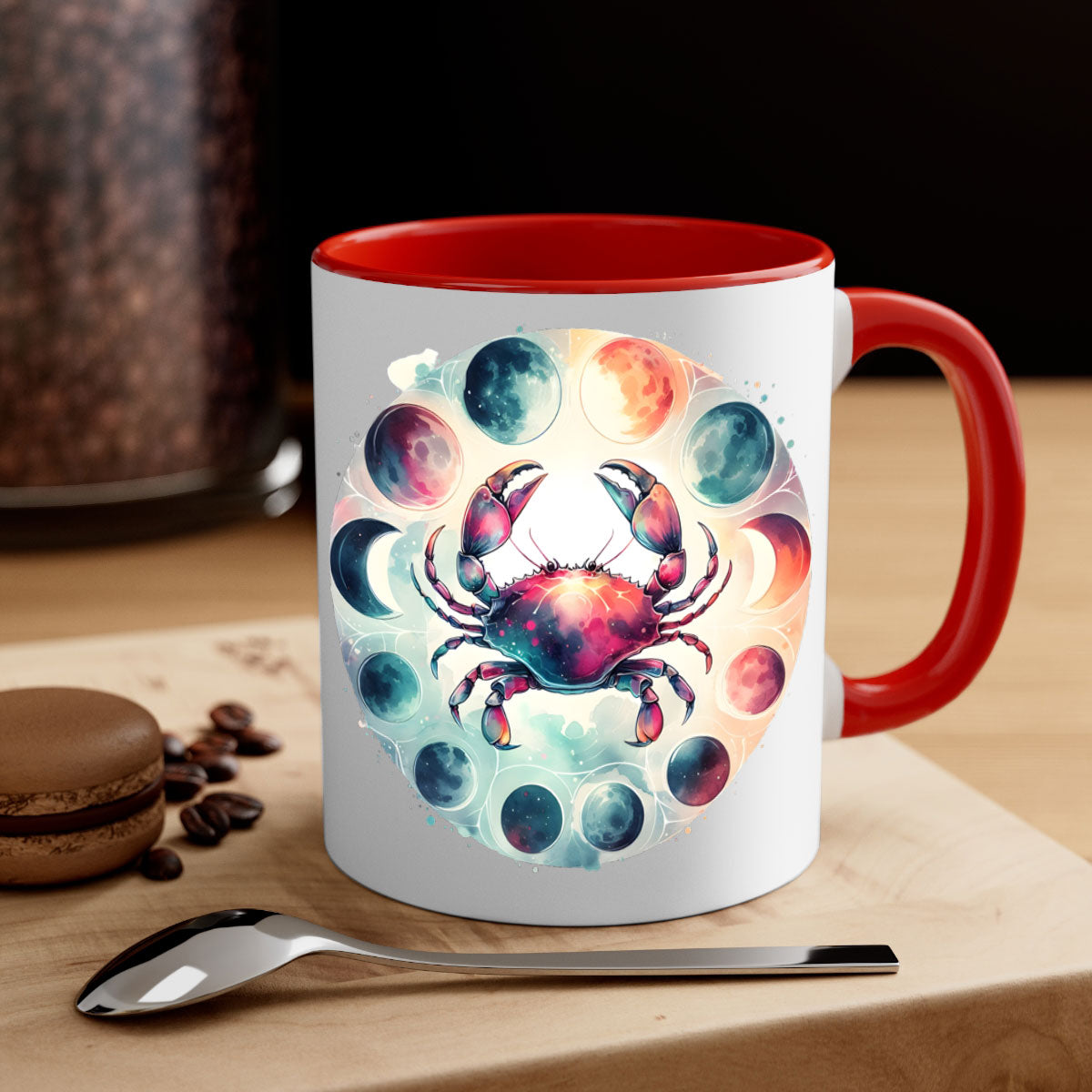 Cancer 180# Mug featuring a glossy finish, colored handle, and interior, available in multiple colors and sizes.