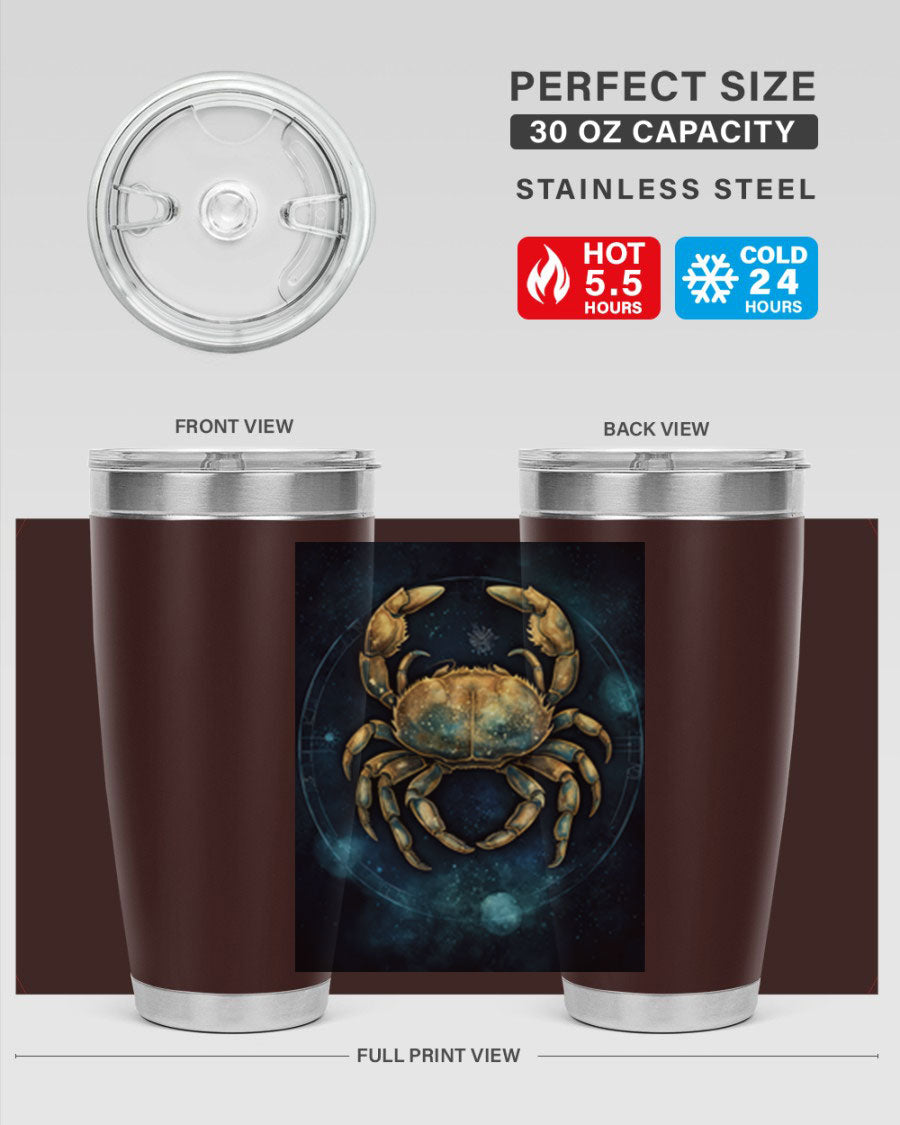 Cancer 57# Tumbler featuring a sleek design, double wall vacuum stainless steel, and a press-in drink-thru lid, ideal for hot and cold beverages.